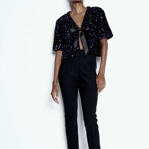 H&M Sequined Blouse Front Tie Limited Edition Holiday Navy Blue BNWT